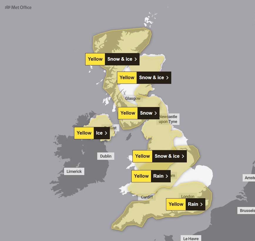 UK weather map showing areas with yellow weather warnings for snow, ice, and rain.