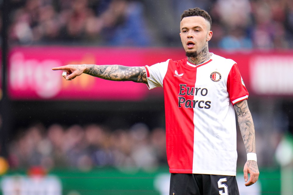 Quilindschy Hartman of Feyenoord pointing during a soccer match.