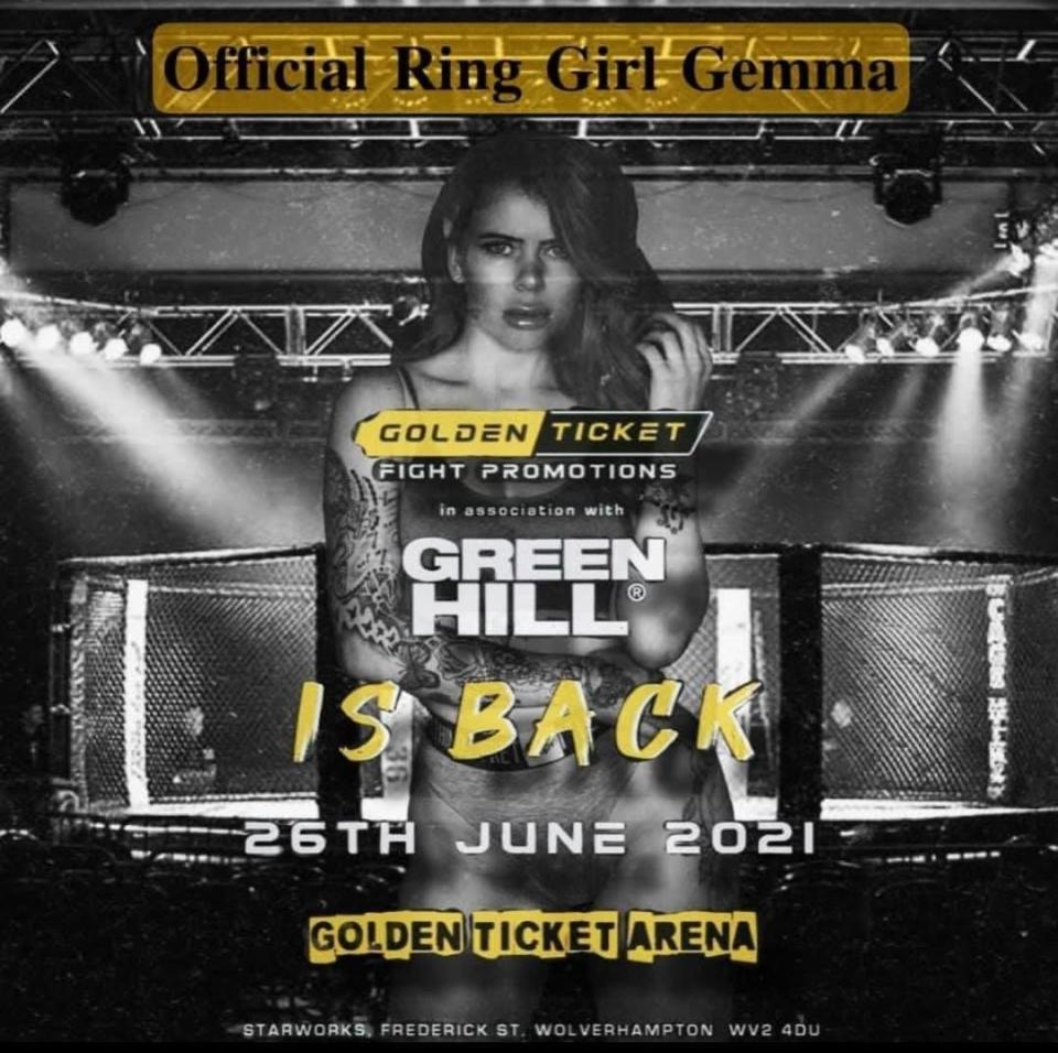 Poster for Green Hill fight night featuring ring girl Gemma.