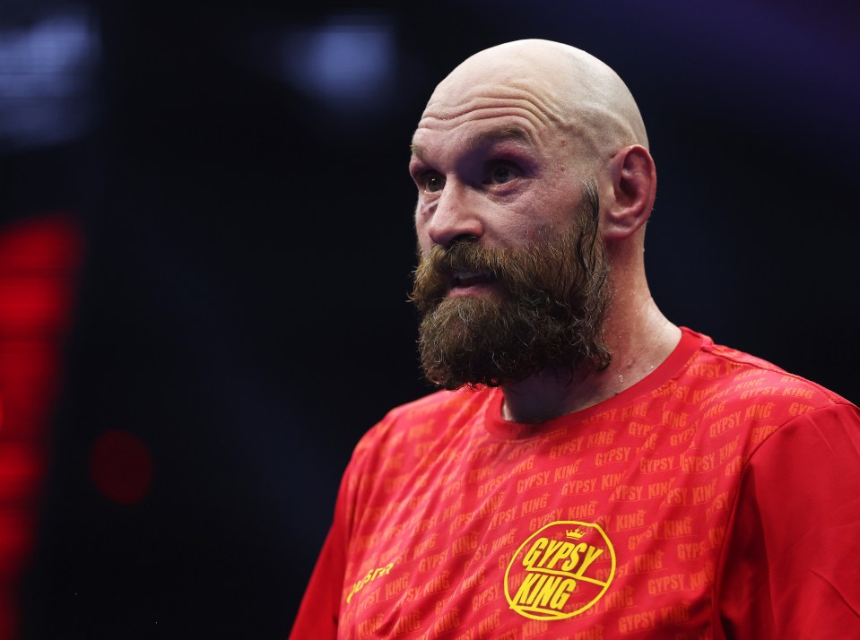 Tyson Fury reacting after a boxing match.