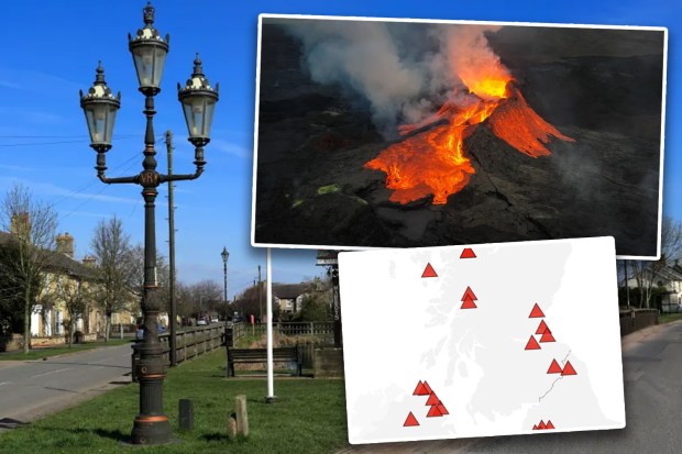 Collage of a Victorian lamppost, a volcano erupting, and a map of Scotland showing volcano locations.