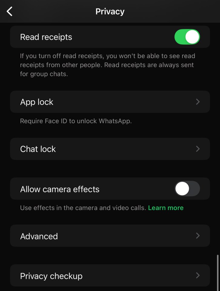 WhatsApp privacy settings: read receipts, app lock, chat lock, camera effects, advanced, and privacy checkup.