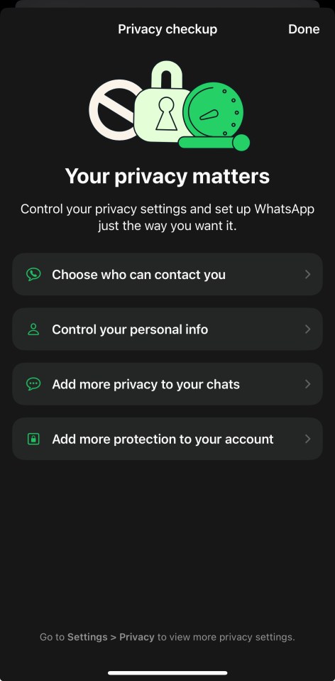 WhatsApp privacy checkup screen showing options to control privacy settings.