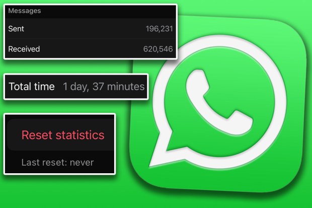 WhatsApp usage statistics: 196,231 messages sent, 620,546 received, total time 1 day 37 minutes. Option to reset statistics.