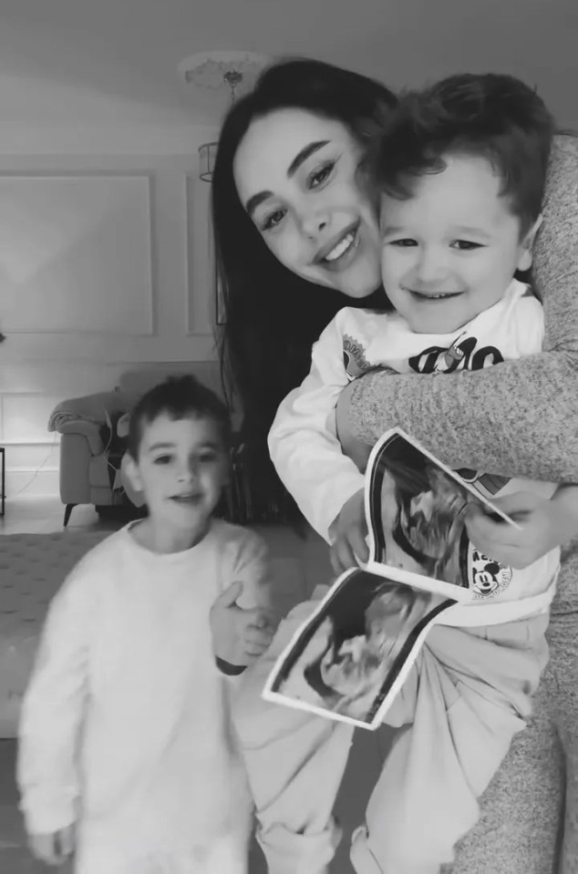 Black and white photo of Marnie Simpson with her two sons and an ultrasound image announcing her pregnancy.