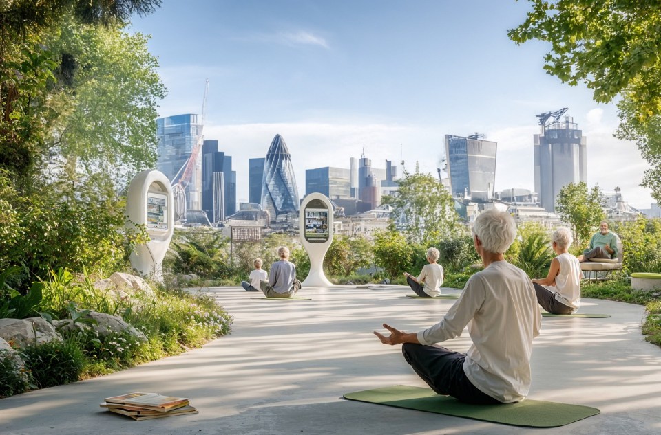 AI-generated image of people meditating in a park with a city skyline in the background.
