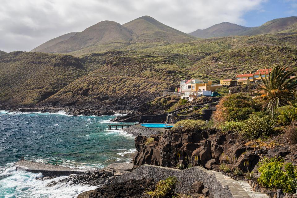 Elevated view of a town on the coast of El Hierro Island, Canary Islands, Spain.