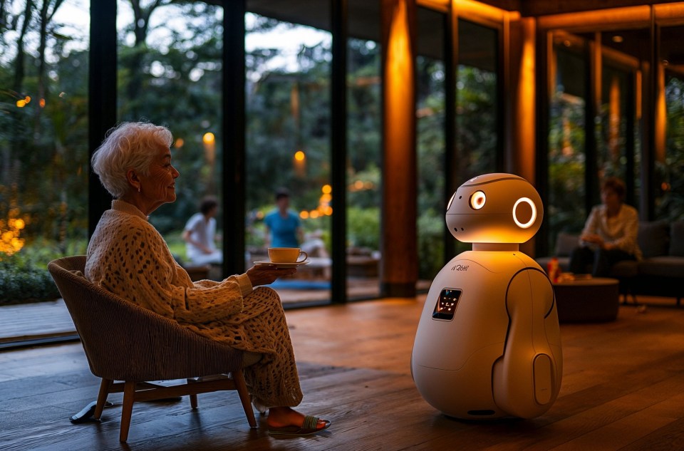 AI illustration of a senior woman sitting in a chair with a robot, in a modern home.