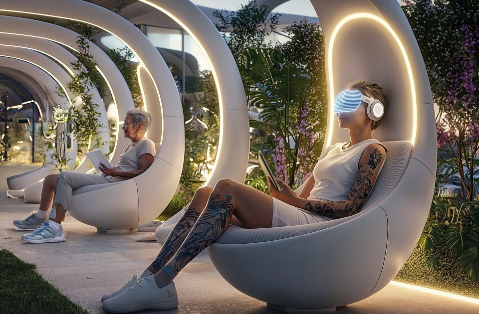 AI-generated illustration of Gen Z and Millennial visions of retirement: futuristic smart homes, green energy communities, and health-tracking clothing.