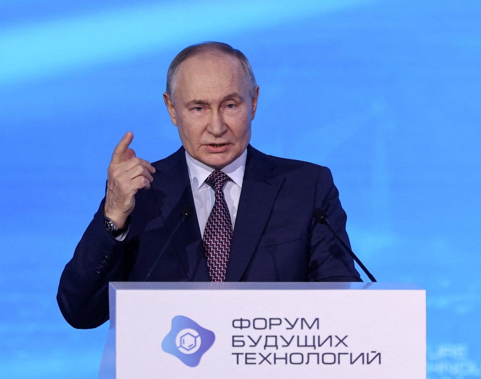 Vladimir Putin speaking at a technology forum in Moscow.