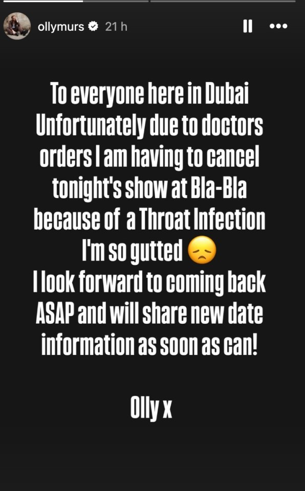 Screenshot of Instagram story announcing show cancellation due to throat infection.