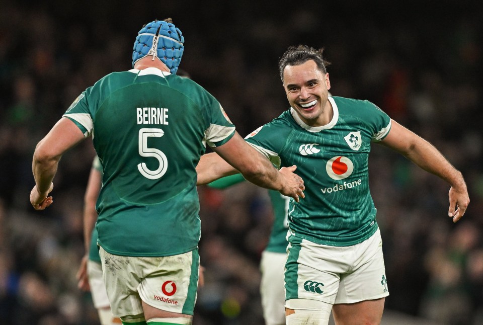Irish rugby players Tadhg Beirne and James Lowe celebrating a try.