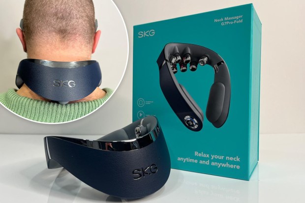 SKG G7Pro-Fold neck massager with person wearing it.