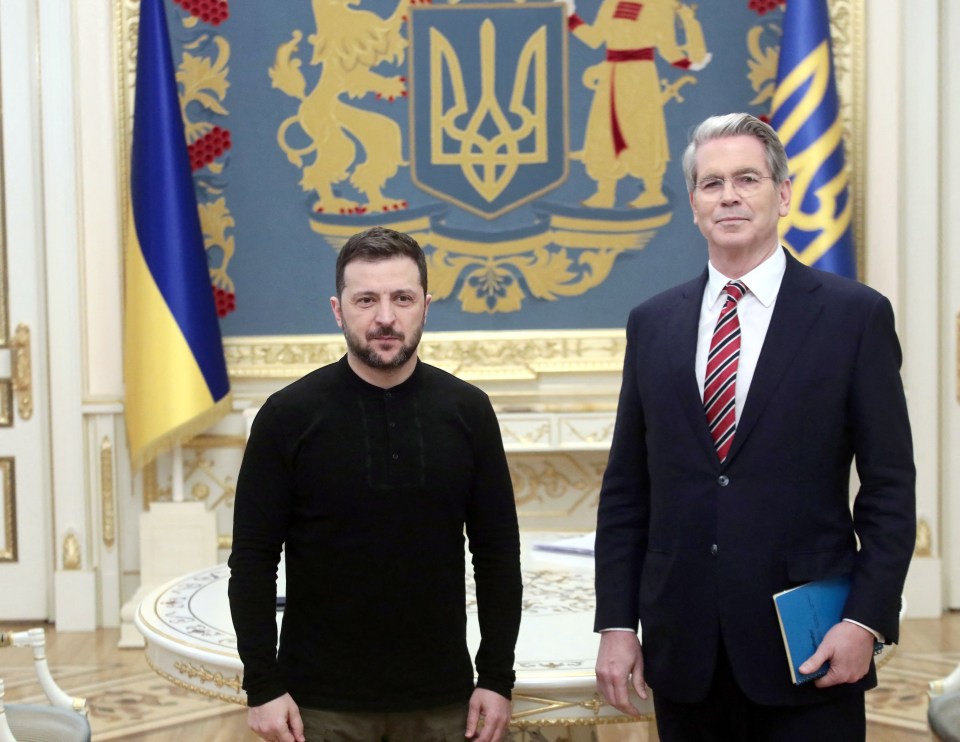 President of Ukraine Volodymyr Zelenskyy attends a meeting with Secretary of the Treasury of the United States Scott Bessent in Kyiv, capital of Ukraine. 12 Feb 2025 Pictured: President of Ukraine Volodymyr Zelenskyy (L) and Secretary of the Treasury of the United States Scott Bessent hold a meeting in Kyiv, capital of Ukraine. Photo credit: ZUMAPRESS.com / MEGA TheMegaAgency.com sales@mega.global