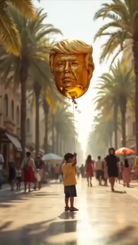 Child holding a golden balloon shaped like Donald Trump's head.