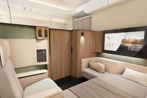Illustration of a Qantas Project Sunrise A350 first class suite.