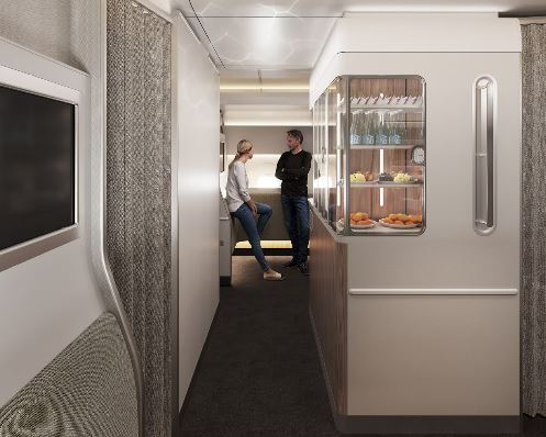 Illustration of a Qantas A350 Project Sunrise cabin interior with passengers and a refreshment area.