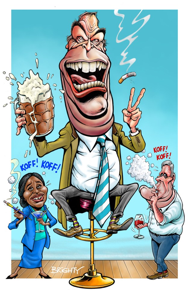 Illustration of three caricatures; one man sits on a bar stool holding a beer, another man stands holding a glass of wine, and a woman stands holding a martini.
