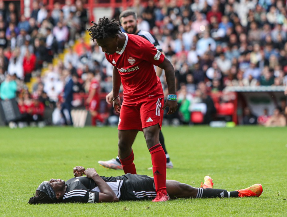 EDITORIAL USE ONLY YouTube All Stars Speed stands over Sidemens KSI during the Sidemen FC VS YouTube All Stars charity match at Charlton Athletic FCs The Valley, London. Picture date: Saturday September 24, 2022. PA Photo. The match which was first staged in 2016 has since become an annual event, halted by Covid-19 in 2020, this is the first time the match will take place since 2019. The British YouTube supergroup have sold out the 27,000-seater venue, so no tickets are available but those who missed out were able to watch online. Money raised during the match will be donated to charities such as Calm and Teenage Cancer trust. Photo credit should read: Kieran Cleeves/PA Wire