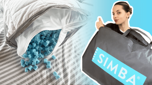Simba pillow with blue foam cubes and a woman holding a Simba bag.