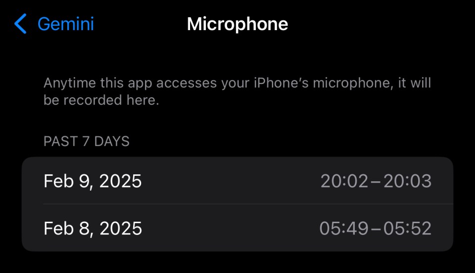 Gemini app microphone access log showing usage times.
