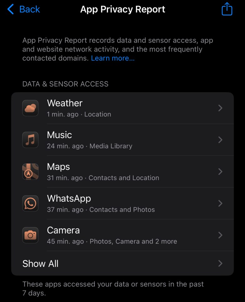 Screenshot of iPhone's App Privacy Report showing data and sensor access by apps.