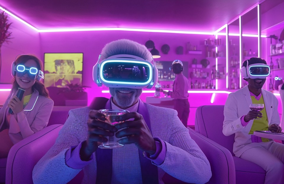 AI illustration of three people wearing VR headsets in a futuristic bar.