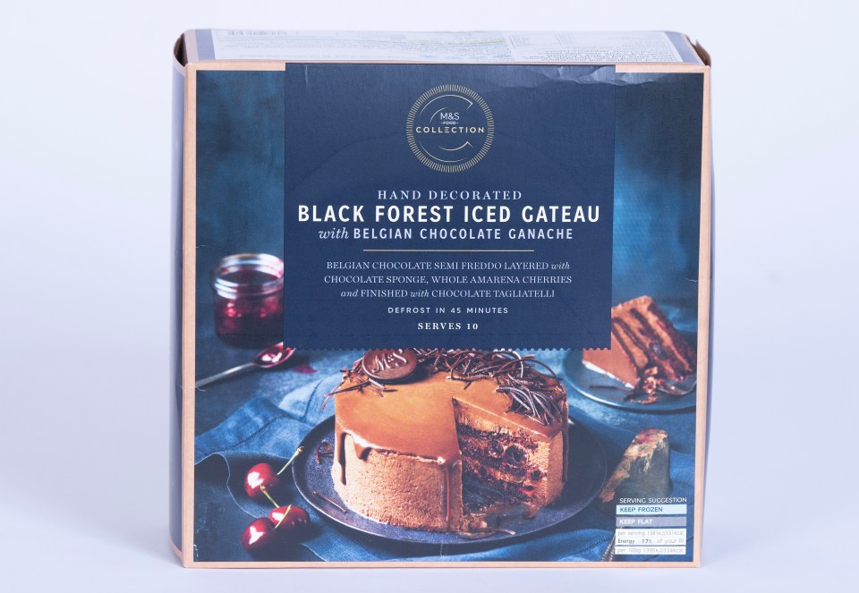Box of M&S Collection Black Forest Iced Gateau.