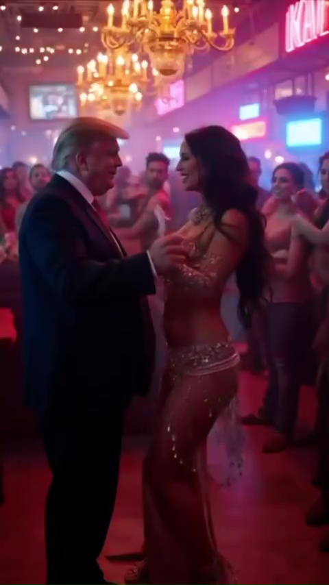 Donald Trump dancing with a woman in a nightclub.
