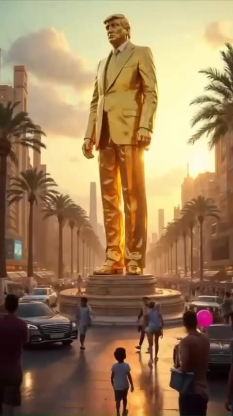 Illustration of a golden statue of Donald Trump in Gaza.
