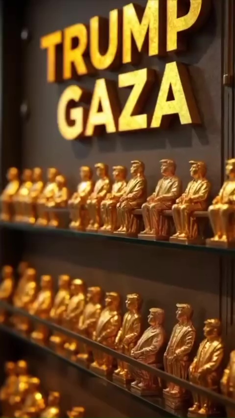 Gold figurines of Donald Trump displayed under a gold "Trump Gaza" sign.