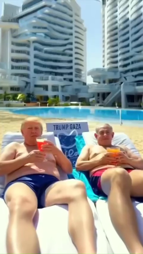 Illustration of Donald Trump and Benjamin Netanyahu relaxing on a beach in Gaza.