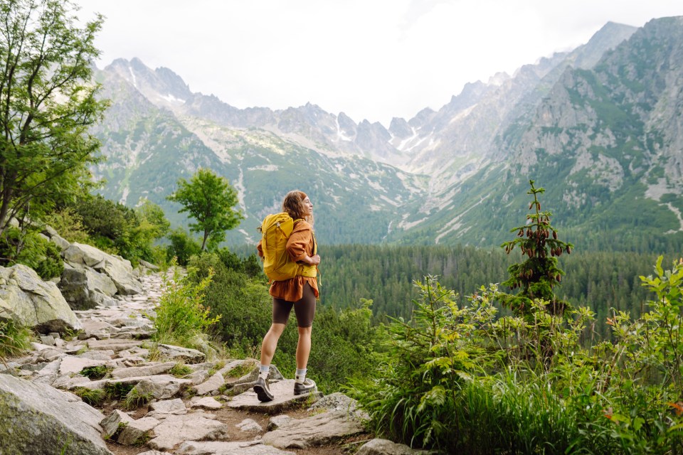 Woman with yellow backpack hiking in mountains.