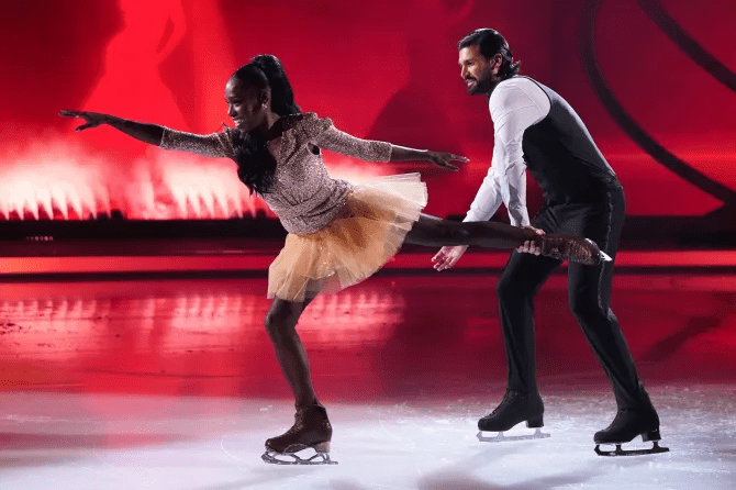 Ice skating pair performing a lift.