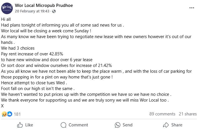 Screenshot of a Facebook post announcing the closure of a pub due to a large rent increase.