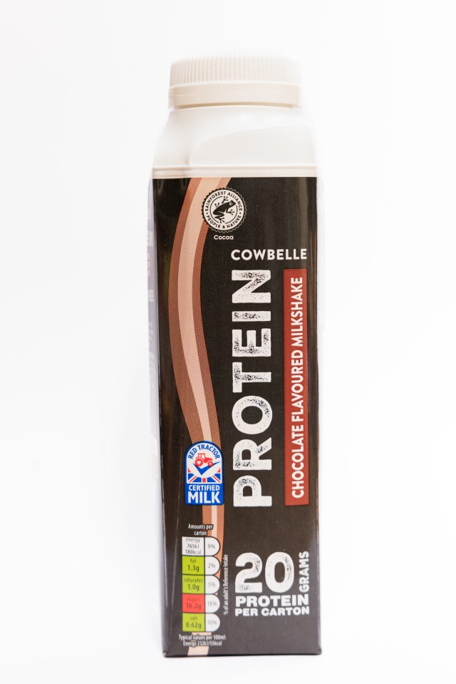Cowbelle chocolate milkshake carton with 20 grams of protein.