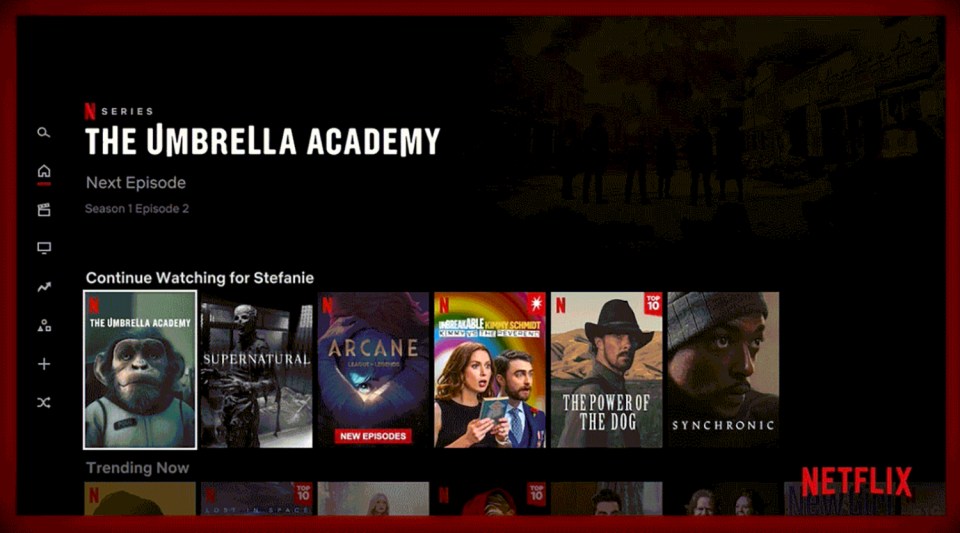Netflix screen showing The Umbrella Academy and other shows.
