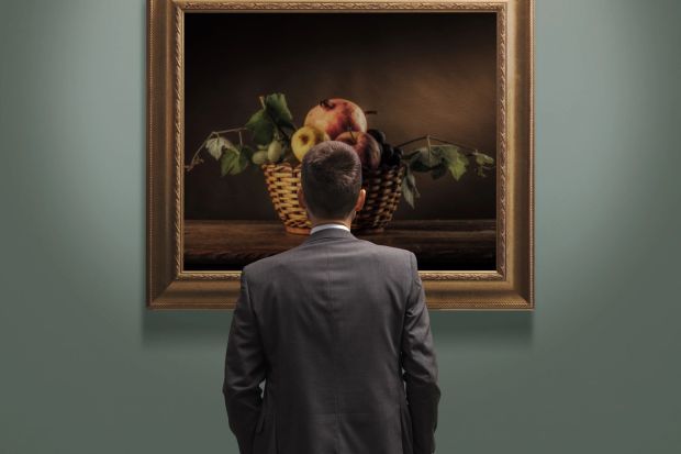 An image collage containing 1 images, Image 1 shows Man viewing a painting of fruit in a basket