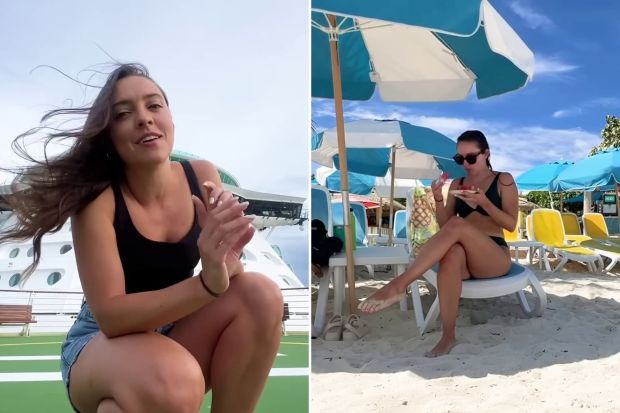 An image collage containing 2 images, Image 1 shows Woman crouching on a cruise ship deck, Image 2 shows Woman in a bikini sitting on a beach chair, eating and looking at her phone