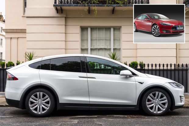 An image collage containing 2 images, Image 1 shows White Tesla Model X parked on a city street, Image 2 shows Red Tesla Model S electric car