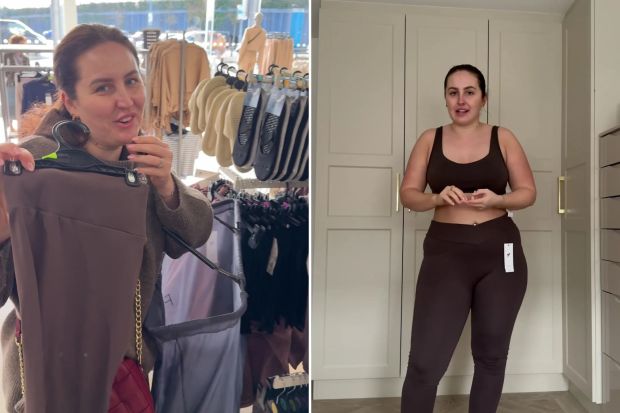 An image collage containing 2 images, Image 1 shows Woman holding up brown leggings in a clothing store, Image 2 shows Woman modeling brown leggings and sports bra