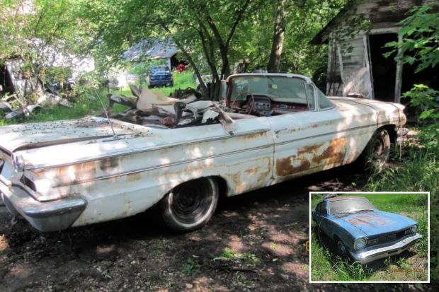 Collage of two rusty classic cars.