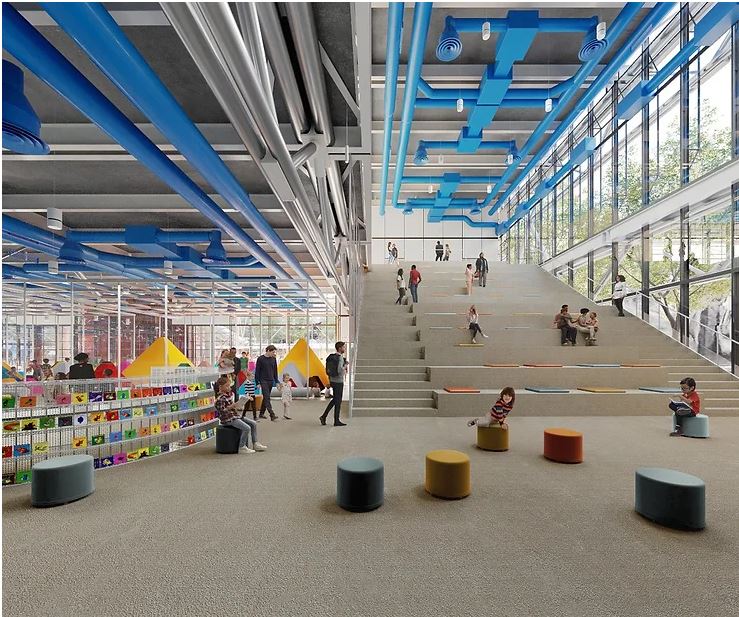 Illustration of the Pompidou Centre's interior during its refurbishment, showing a large open space with children and seating.