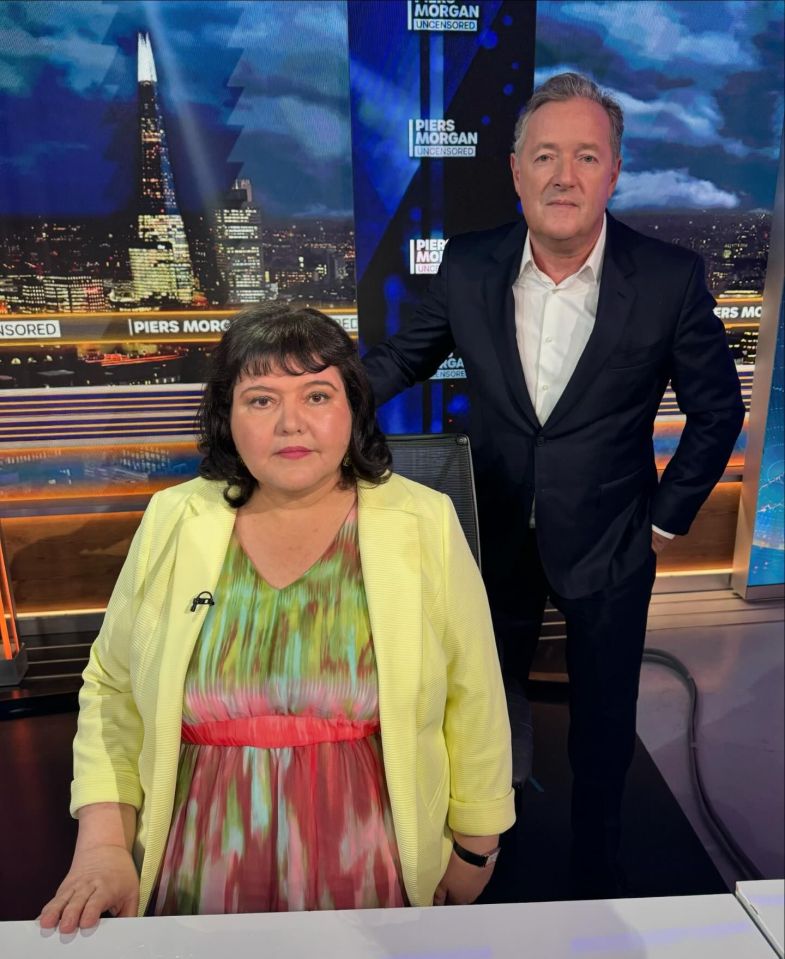 Fiona Harvey and Piers Morgan in a television interview.
