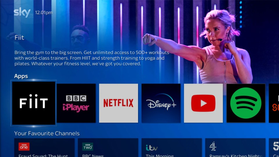 Sky TV interface showing fitness app, other apps, and channels.