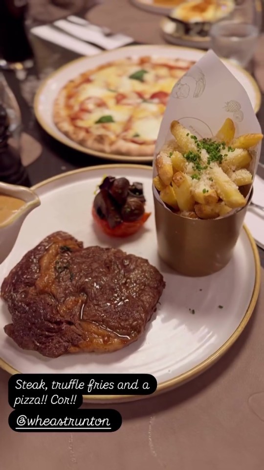 Steak, truffle fries, and pizza.