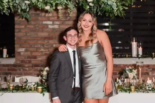 An image collage containing 1 images, Image 1 shows A tall woman and a shorter man stand together at a wedding reception
