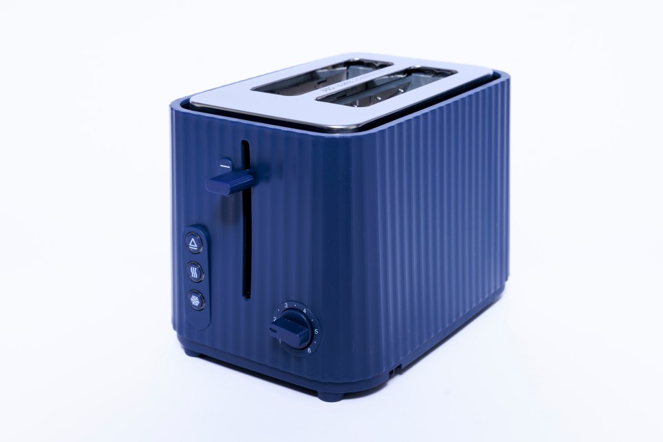 Blue two-slice toaster.