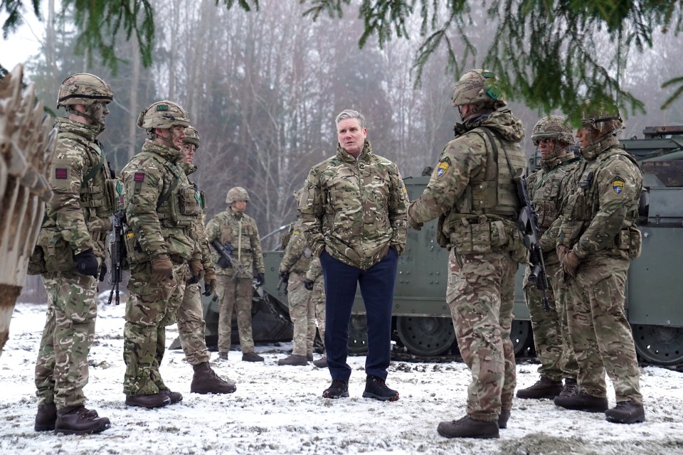 Sir Keir Starmer speaking with British troops at a NATO base in Estonia.