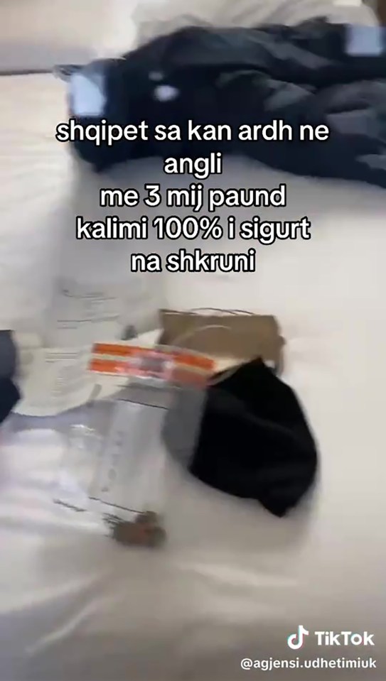 TikTok video showing belongings of asylum seekers in a hotel room, advertising Channel crossing for £3000.
